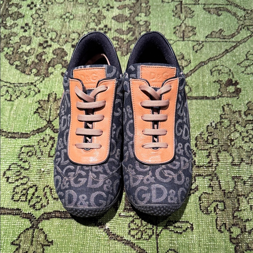 Dolce & Gabbana Black Logo Canvas Sneakers with Tan Leather Trim